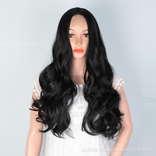 Aisi Hair Natural Looking Long Wavy Curly Body Wave Natural Black Lace Frontal Synthetic Hair For Black Women Lace Front Wig